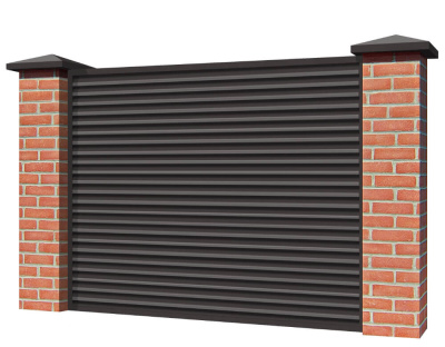 Секция забора жалюзи из ламелей Жалюзи ЭКО-Z RAL8019 Темный Шоколад с кирпичными столбами